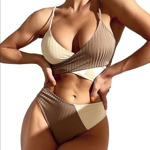 Brown and tan ruched bikini